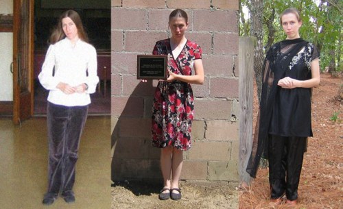 The many shades of Jillian Hoy: (L) Jillian Hoy in a photo  taken during a pilgrimage to visit the former church headquarters of Jim Jones’s Peoples Temple in Los Angeles, (C) Hoy holds an RPP plaque devoted to Kim Jong Il and poses for a photo (R) Hoy in her guise as a Hindu preistess