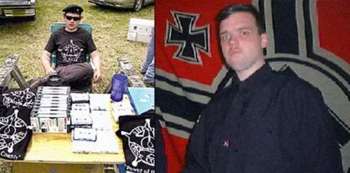 Joshua Caleb Stutter, former leader of the Rural People’s Party, selling racist knick knacks (L) and posing in front of a Nazi flag (R)